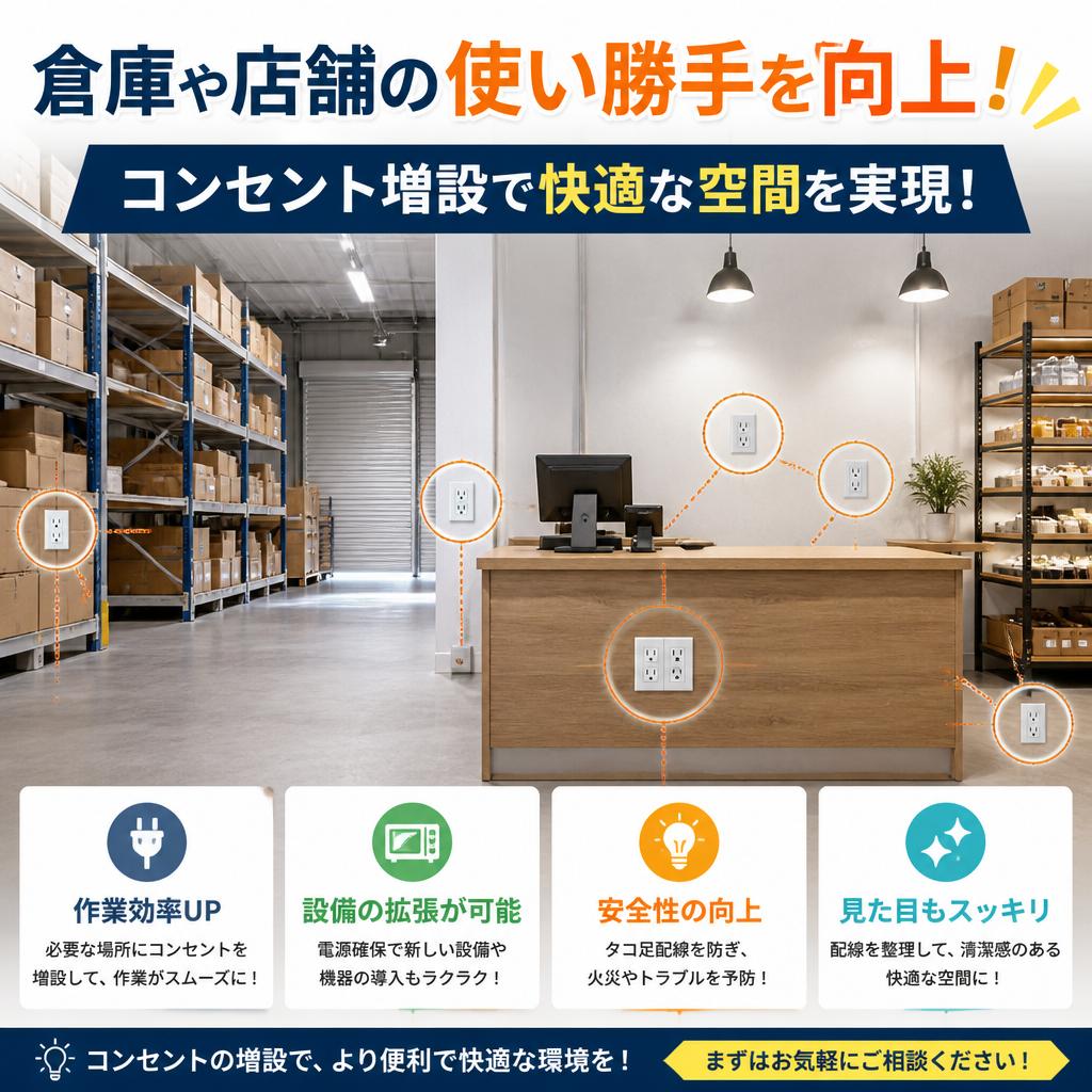 倉庫や店舗の使い勝手を向上！コンセント増設で快適な空間を実現！